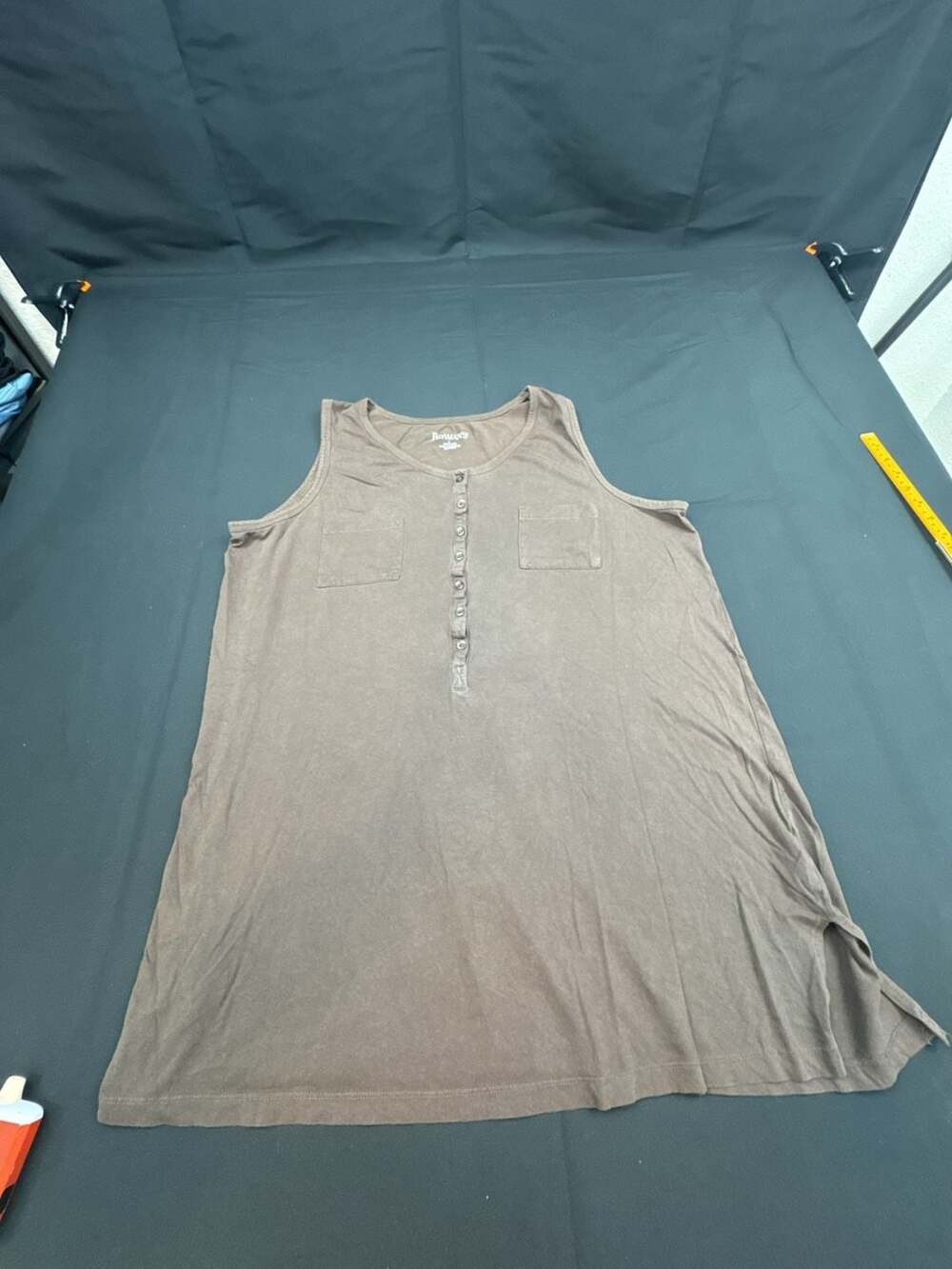 Roaman's Henley Tank Top Size L Brown Cotton Pocket Casual Sleeveless